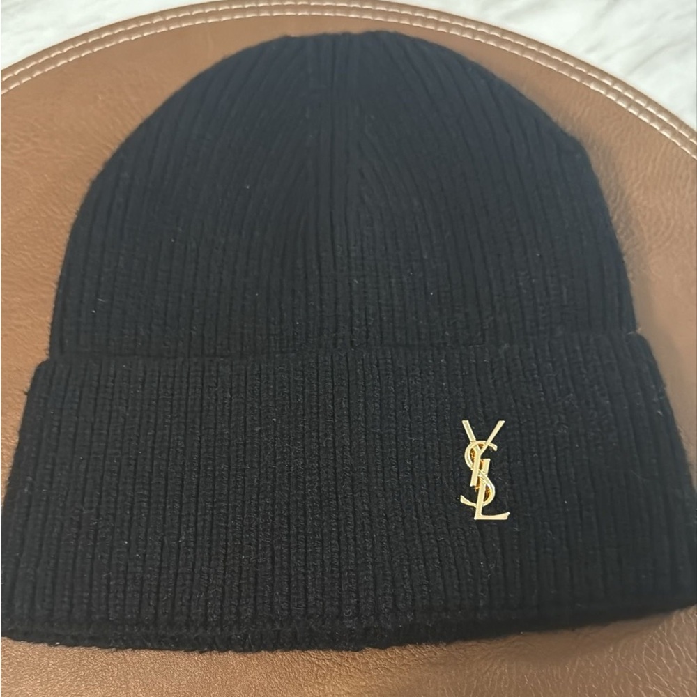 Yves Saint Laurent Black Beanie with Gold Logo